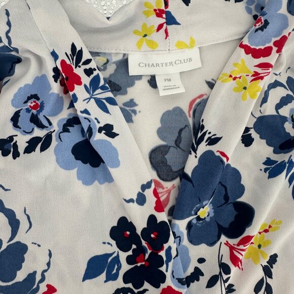 Women's Charter Club White Floral V-Neck Blouse Size PM - Picture 5 of 6